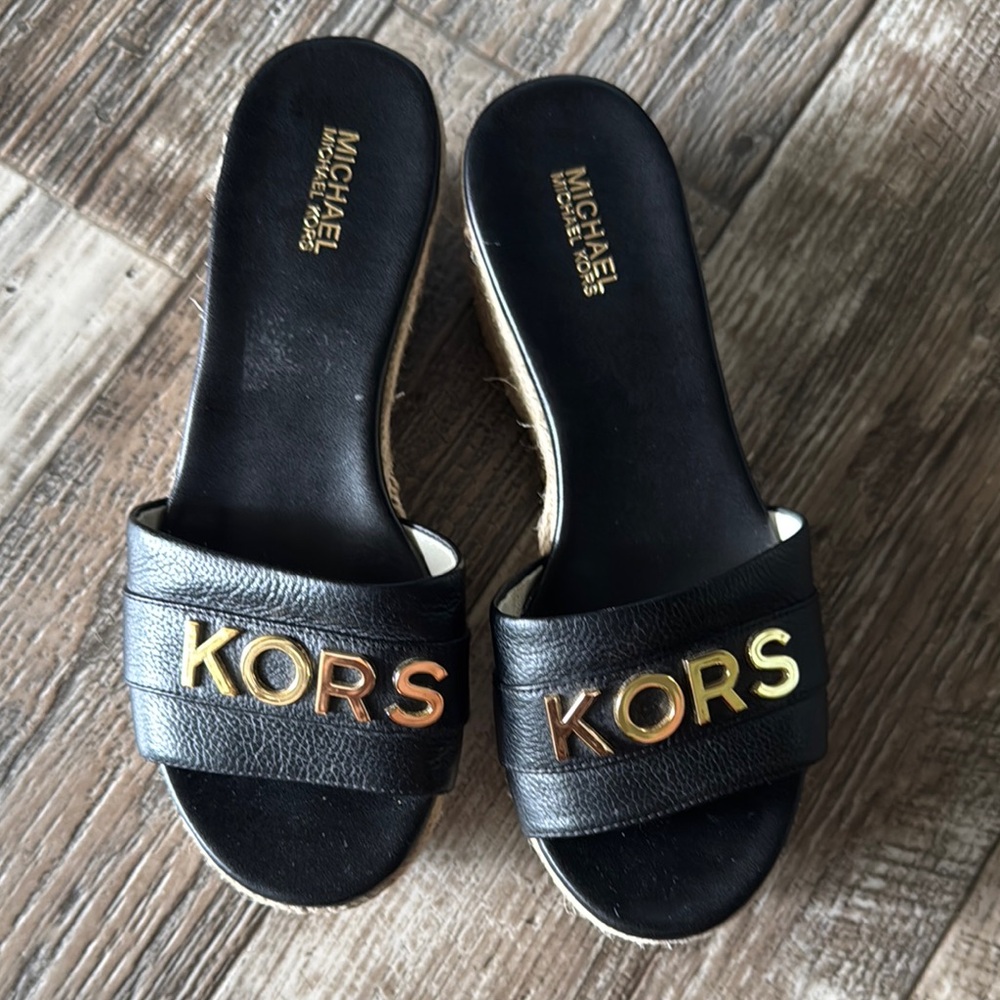 Michael Kors Black Slides with Gold Logo Wedges, Size 5